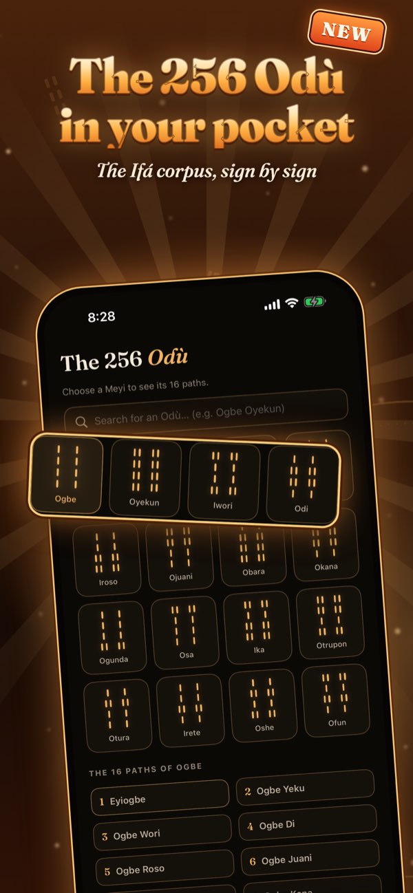 The 256 Odù in your pocket: the app screen with the 16 Meyi, and the paths of Ogbe below.