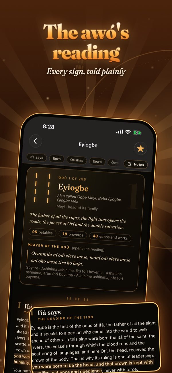 The awó's reading: the Eyiogbe page in the app, with its prayer and what Ifá says.