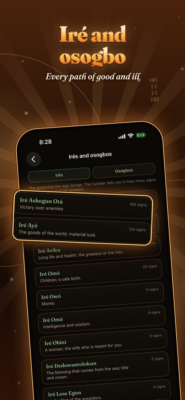 Iré and osogbo: every path of good and ill of a sign, in the app.