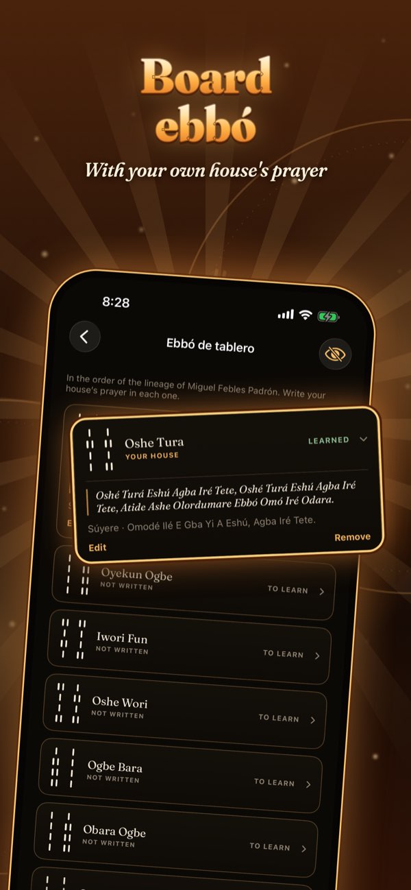 Board ebbó: the list of signs in the app, with your own house's prayer written in each one.