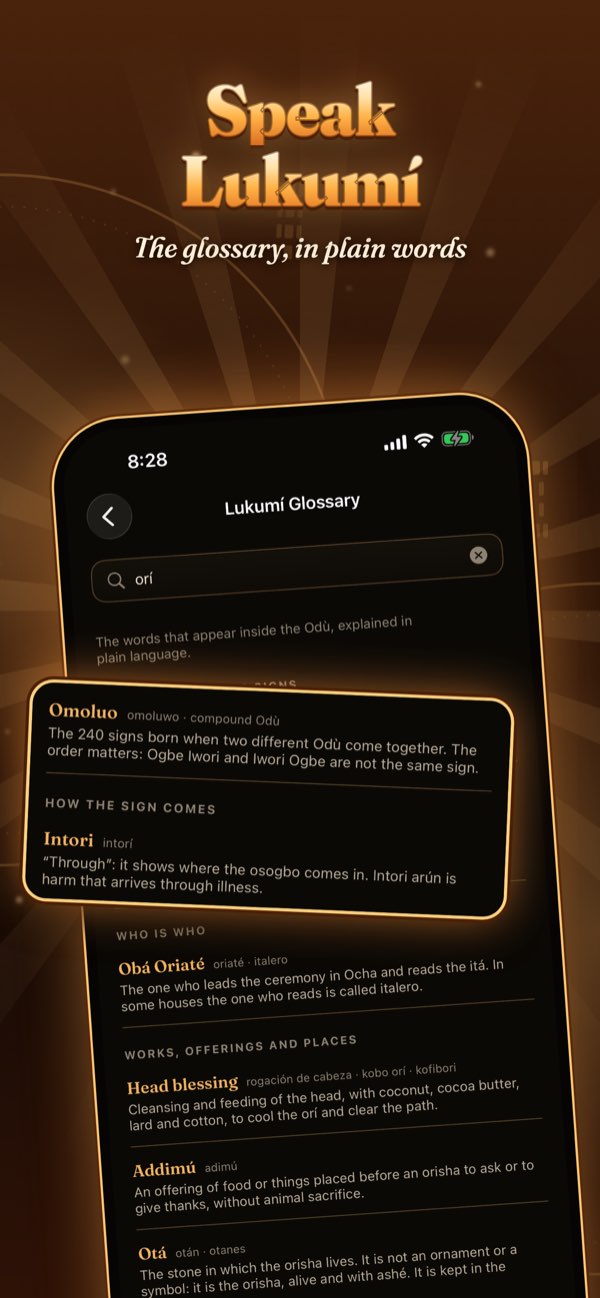 Speak Lukumí: the glossary in the app, every word explained in plain words.