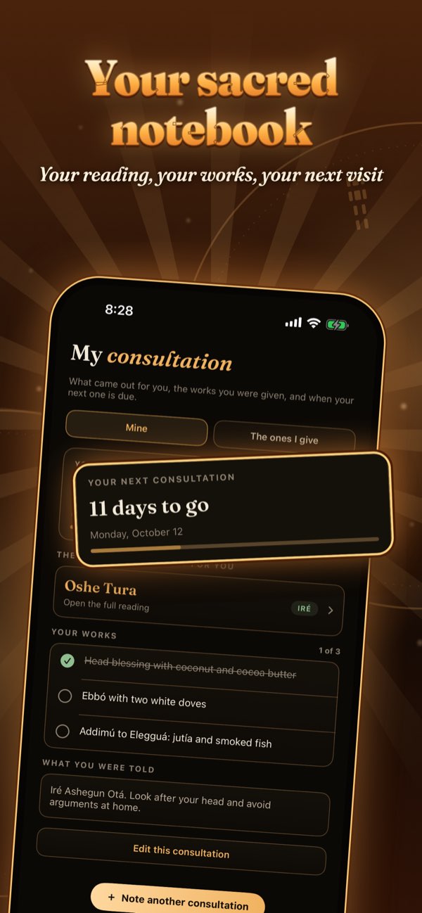 Your sacred notebook: your reading, your works and the days left until your next visit, in the app.