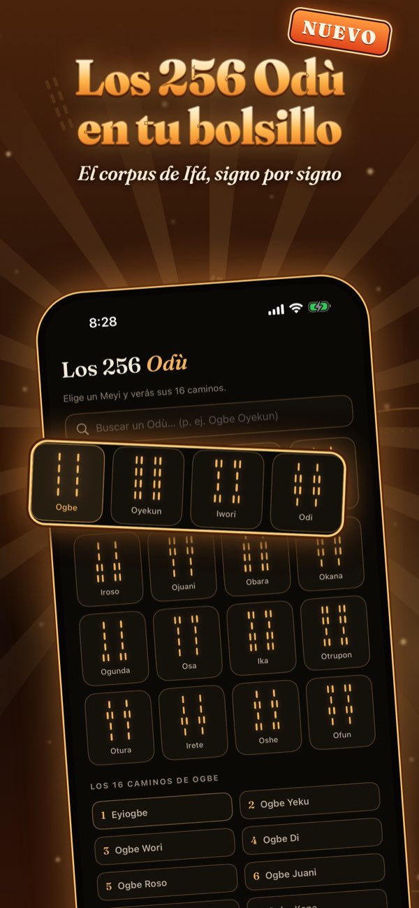 Los 256 Odù en tu bolsillo: la pantalla de los 16 Meyi de la app, con los caminos de Ogbe debajo.
