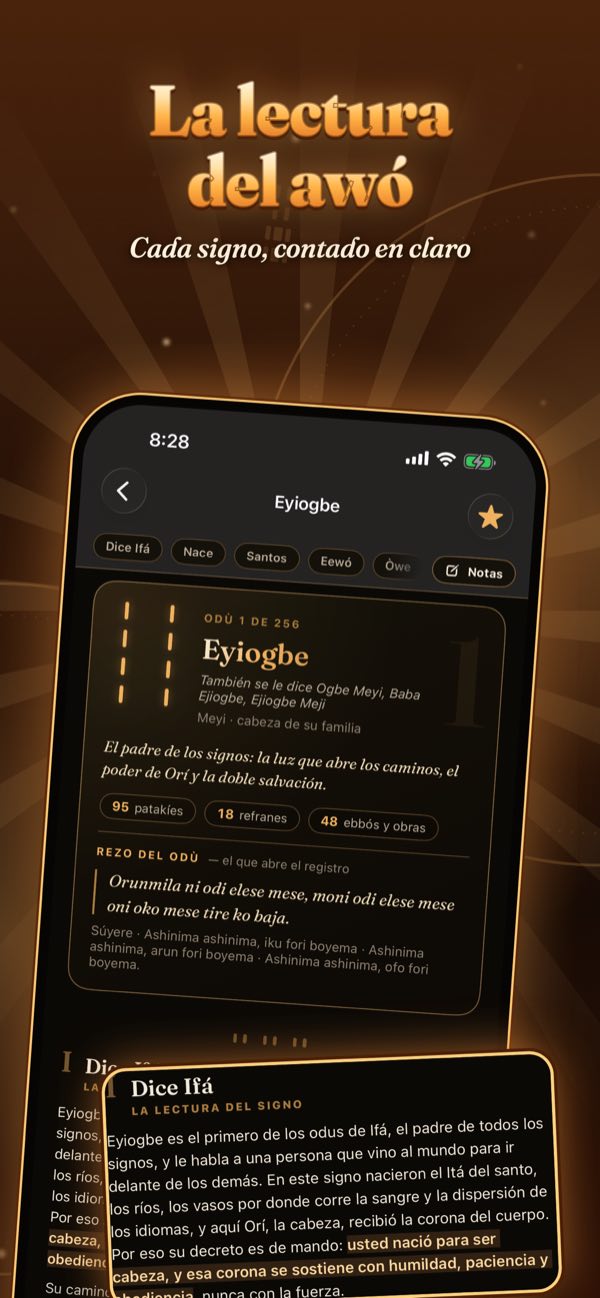 La lectura del awó: la ficha de Eyiogbe en la app, con su rezo y la lectura «Dice Ifá».