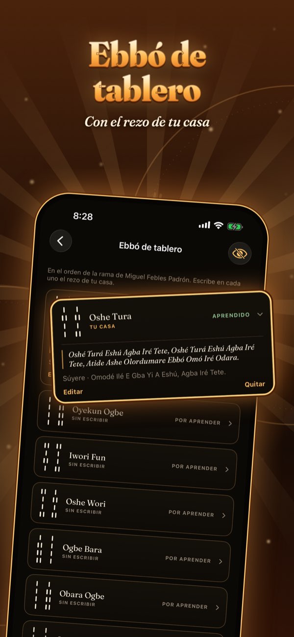 Ebbó de tablero: la lista de signos de la app, con el rezo de tu casa escrito en cada uno.